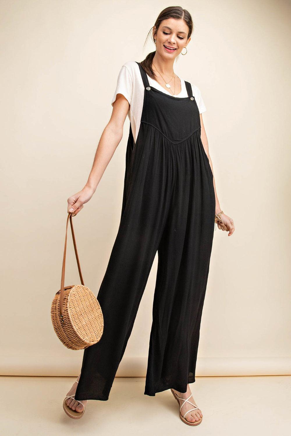 Kori America Full Size Sleeveless Ruched Wide Leg Overalls - Clothes For Her Online Store