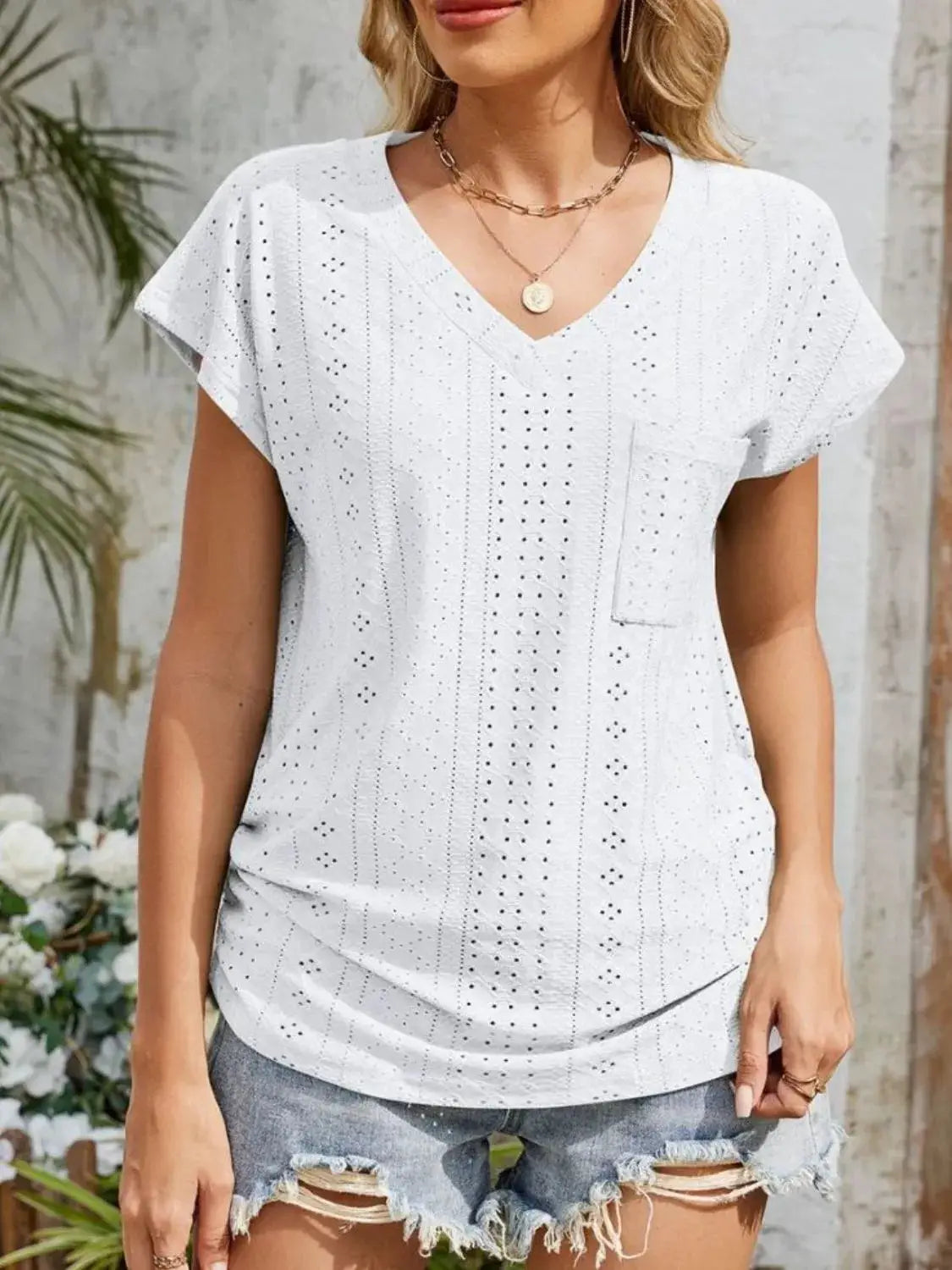 Eyelet V-Neck Short Sleeve Top - Clothes For Her Online Store