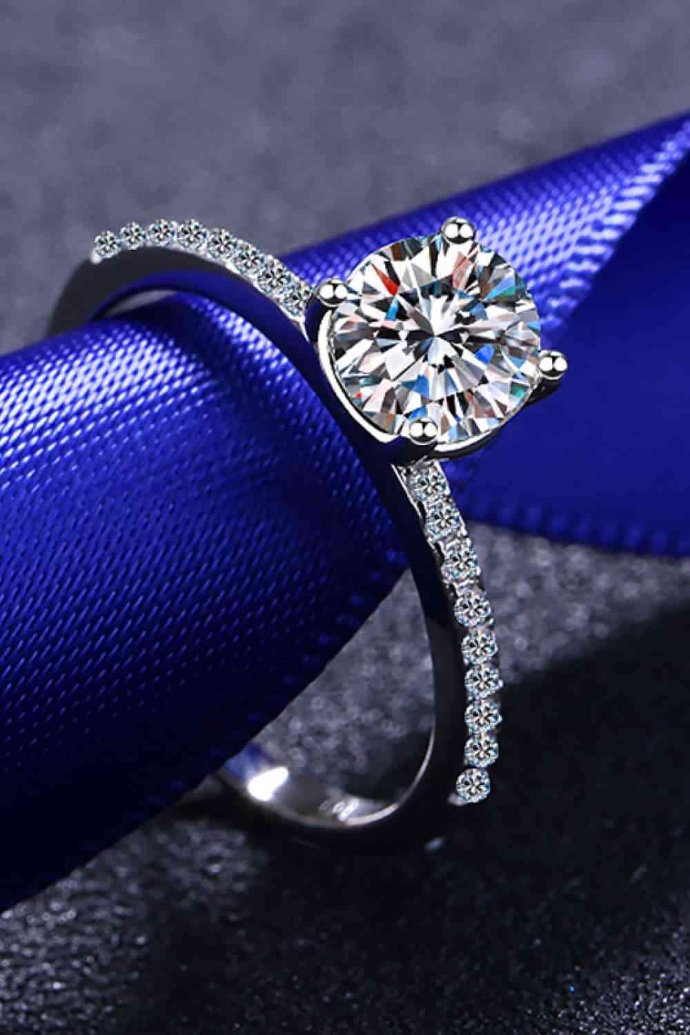 1 Carat Moissanite Rhodium-Plated Side Stone Ring - Clothes For Her Online Store