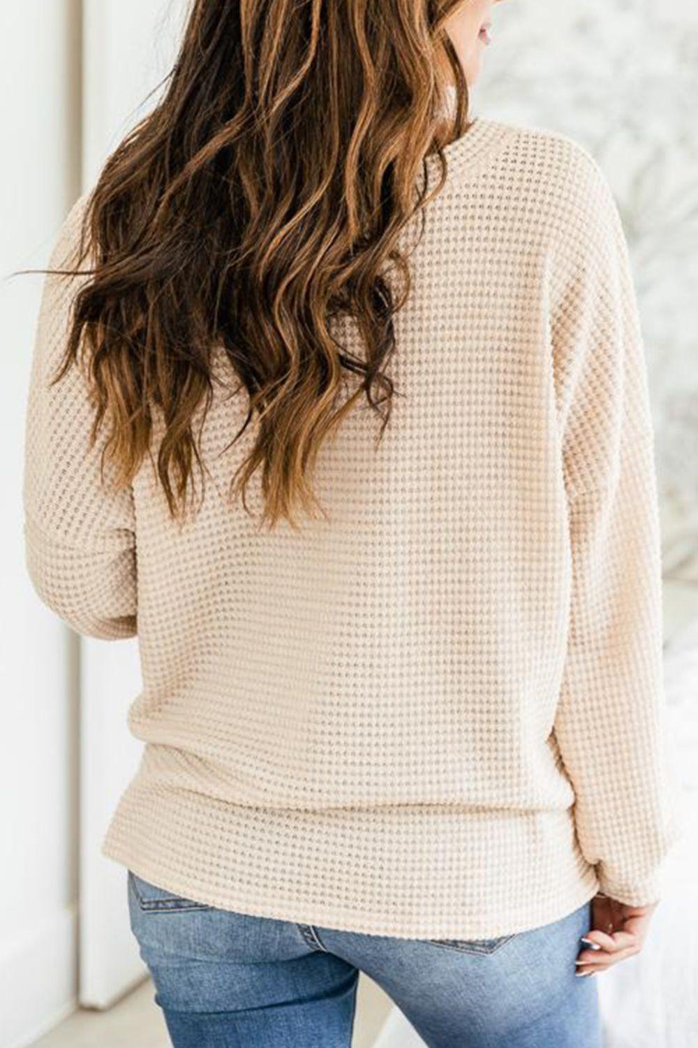 Slit Waffle Knit Long Sleeve T-Shirt - Clothes For Her Online Store