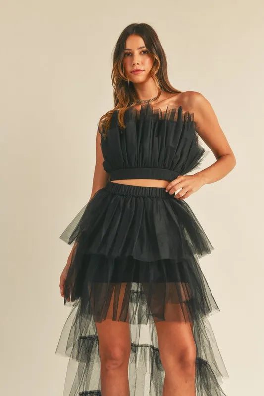 MABLE Tulle Tube Ruffle Crop Top and High Low Maxi Skirt Set