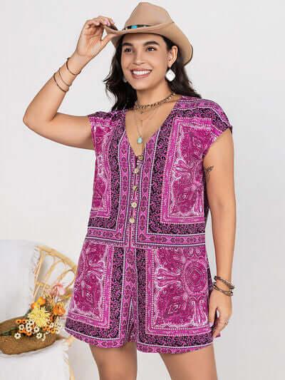 Plus Size Printed V-Neck Cap Sleeve Romper - Clothes For Her Online Store