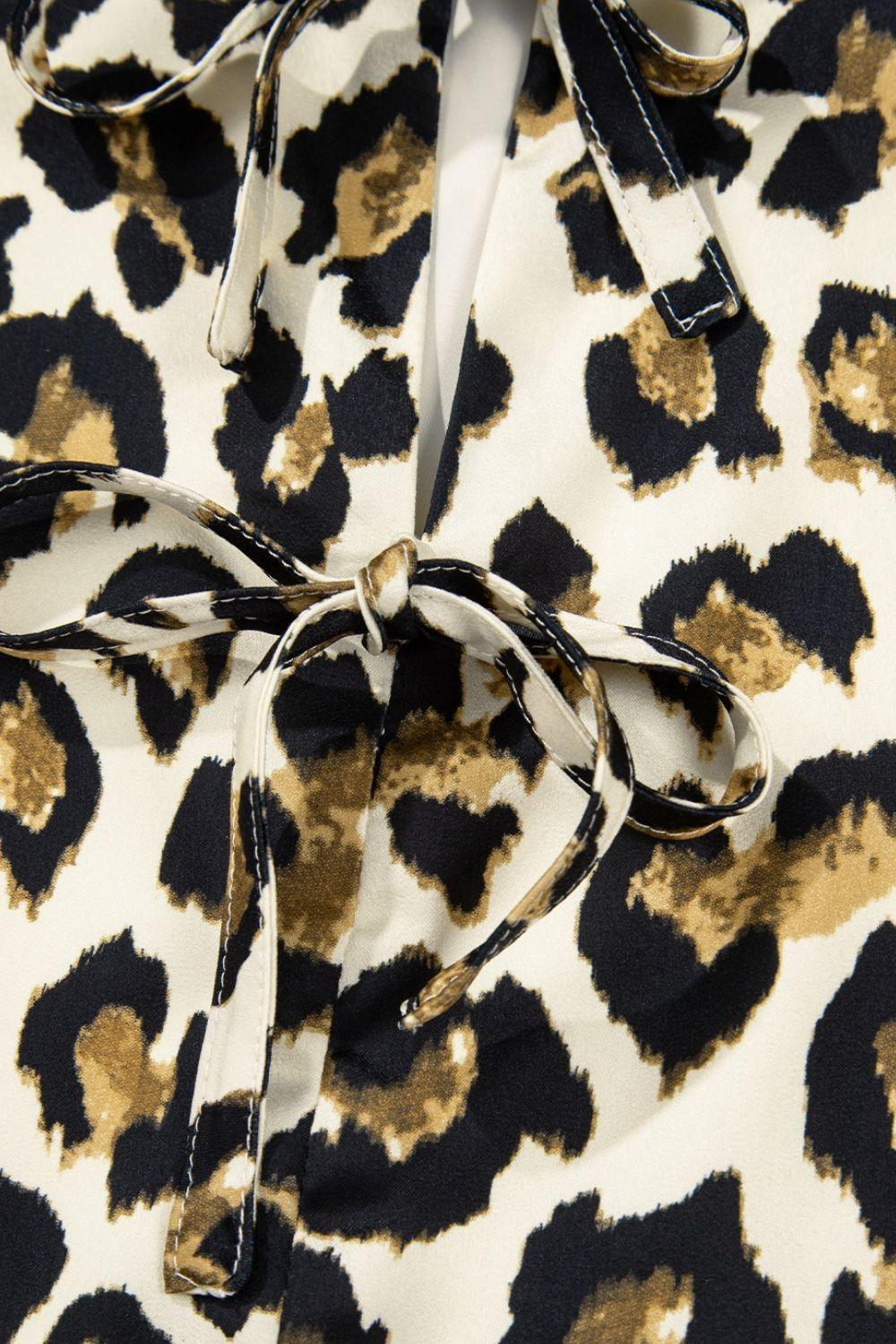 Leopard Bow Tie Front Puff Sleeve Peplum Blouse - Clothes For Her Online Store