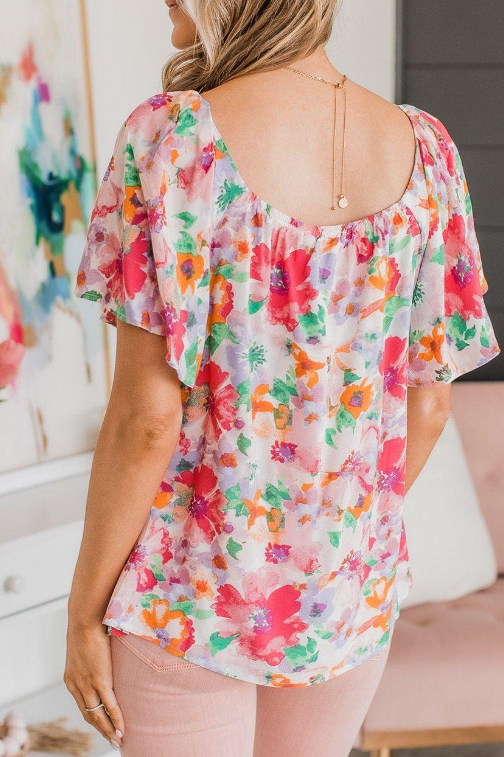 Floral Square Neck Ruffle Sleeve Blouse - Clothes For Her Online Store