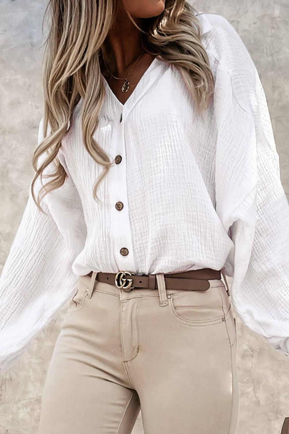 Button Down Collared Neck Long Sleeve Shirt - Clothes For Her Online Store