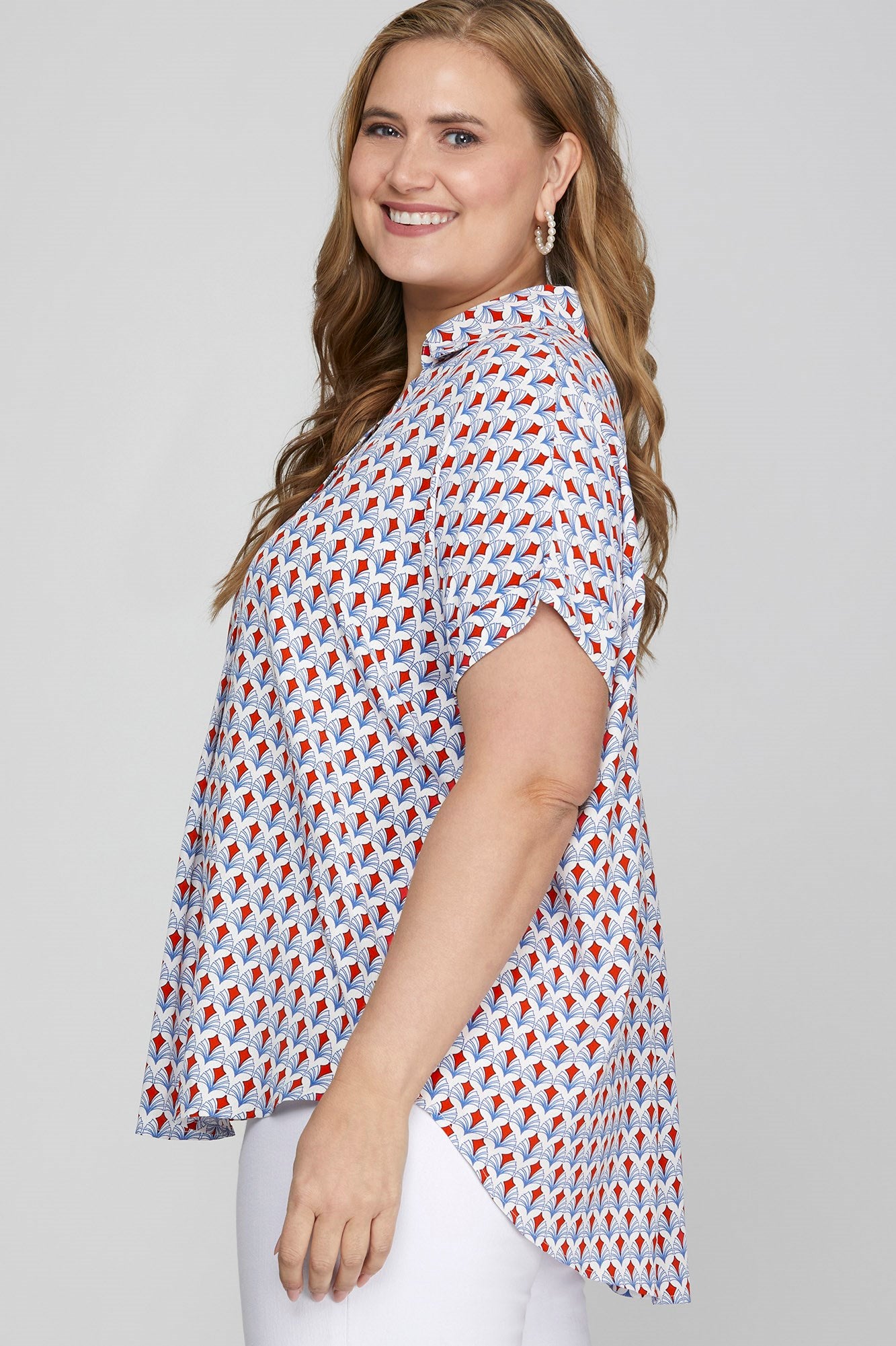 She + Sky Full Size Printed Johnny Collar Short Sleeve Blouse Plus Size - Clothes For Her Online Store