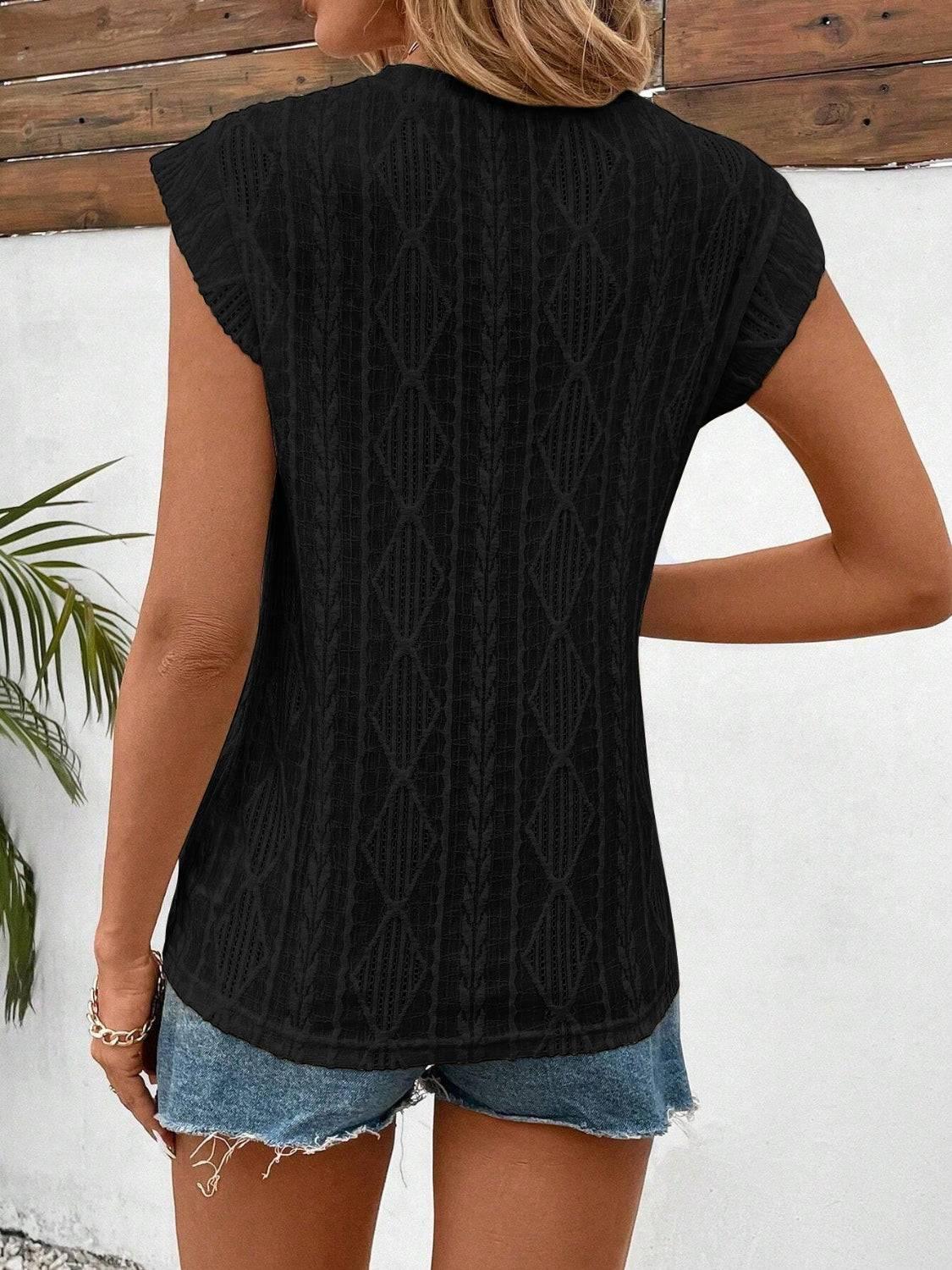 Eyelet Round Neck Cap Sleeve Top - Clothes For Her Online Store