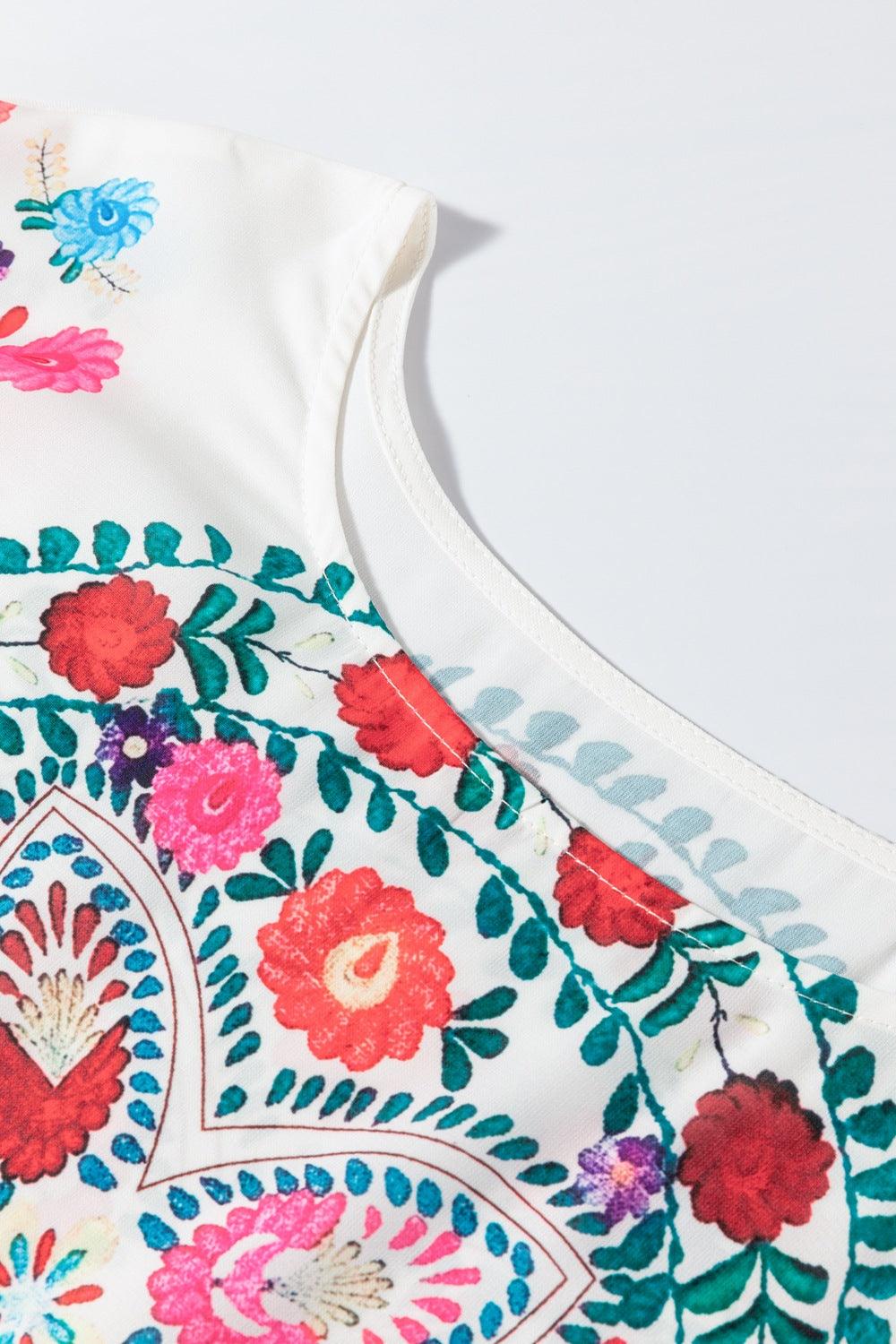 Floral Print Round Neck Ruffle Trim Blouse - Clothes For Her Online Store