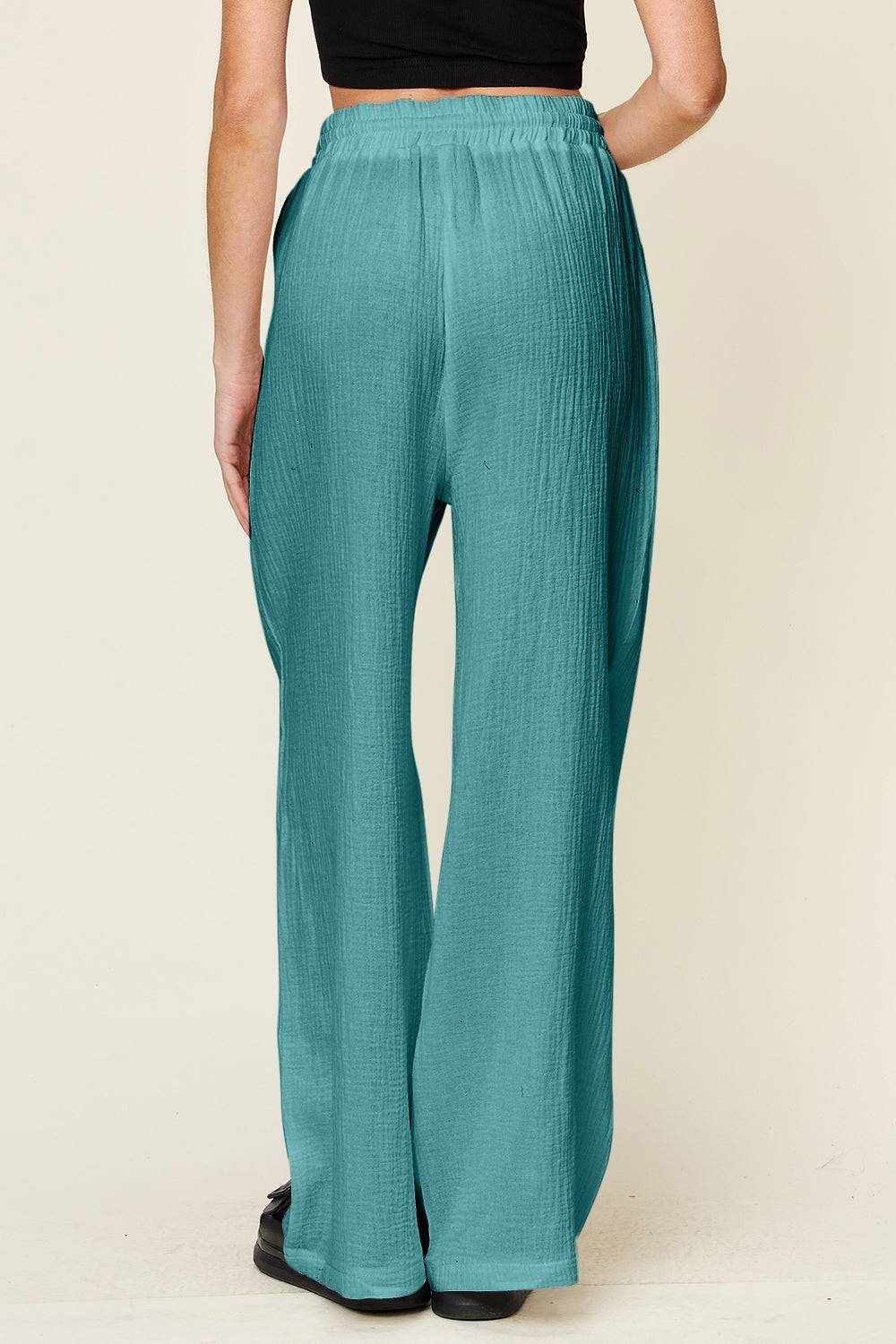 Double Take Full Size Texture Drawstring Wide Leg Pants - Clothes For Her Online Store
