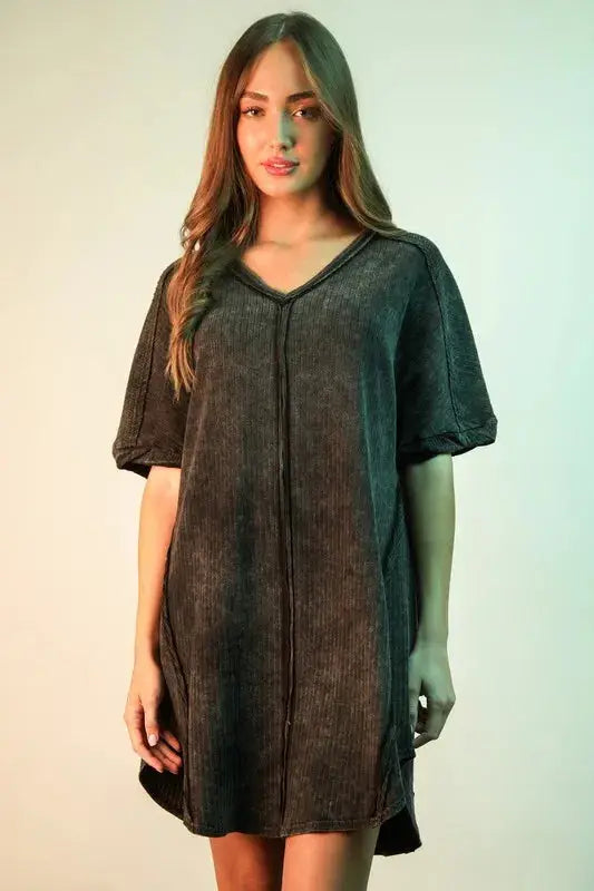 VERY J Mineral Washed Ribbed Knit Mini Dress - Clothes For Her Online Store
