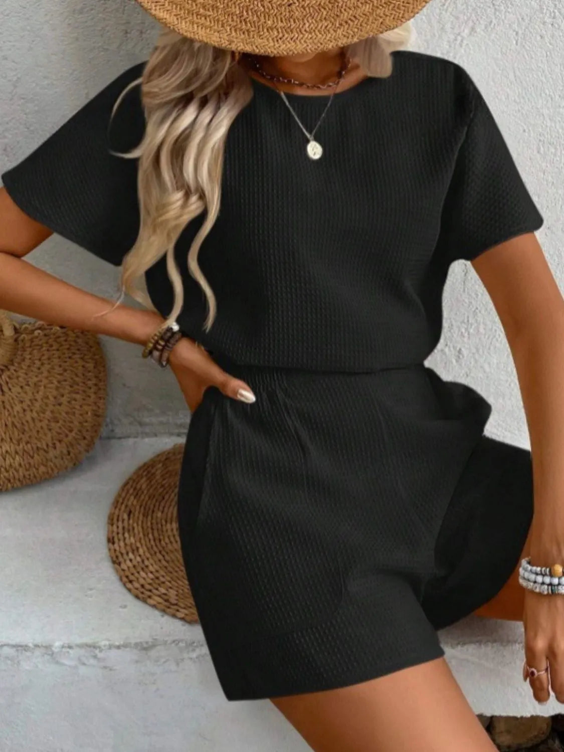 Round Neck Short Sleeve Top and Shorts Set - Clothes For Her Online Store