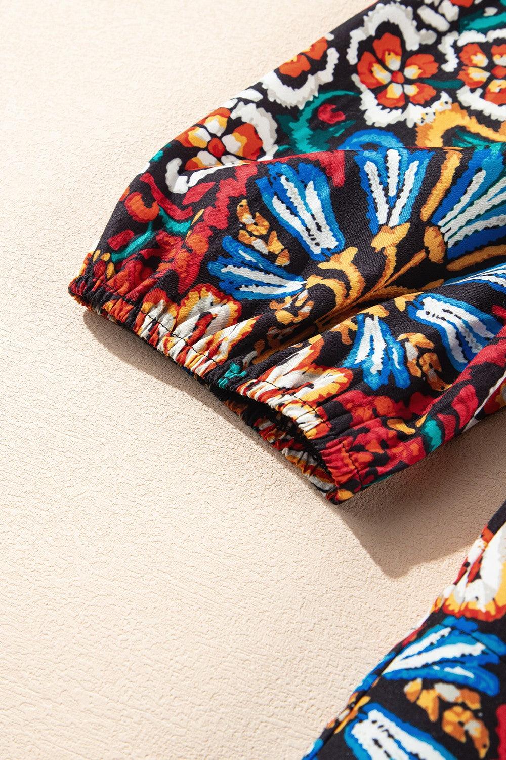 Tropical Print Puff Sleeve Knot Front Blouse - Clothes For Her Online Store