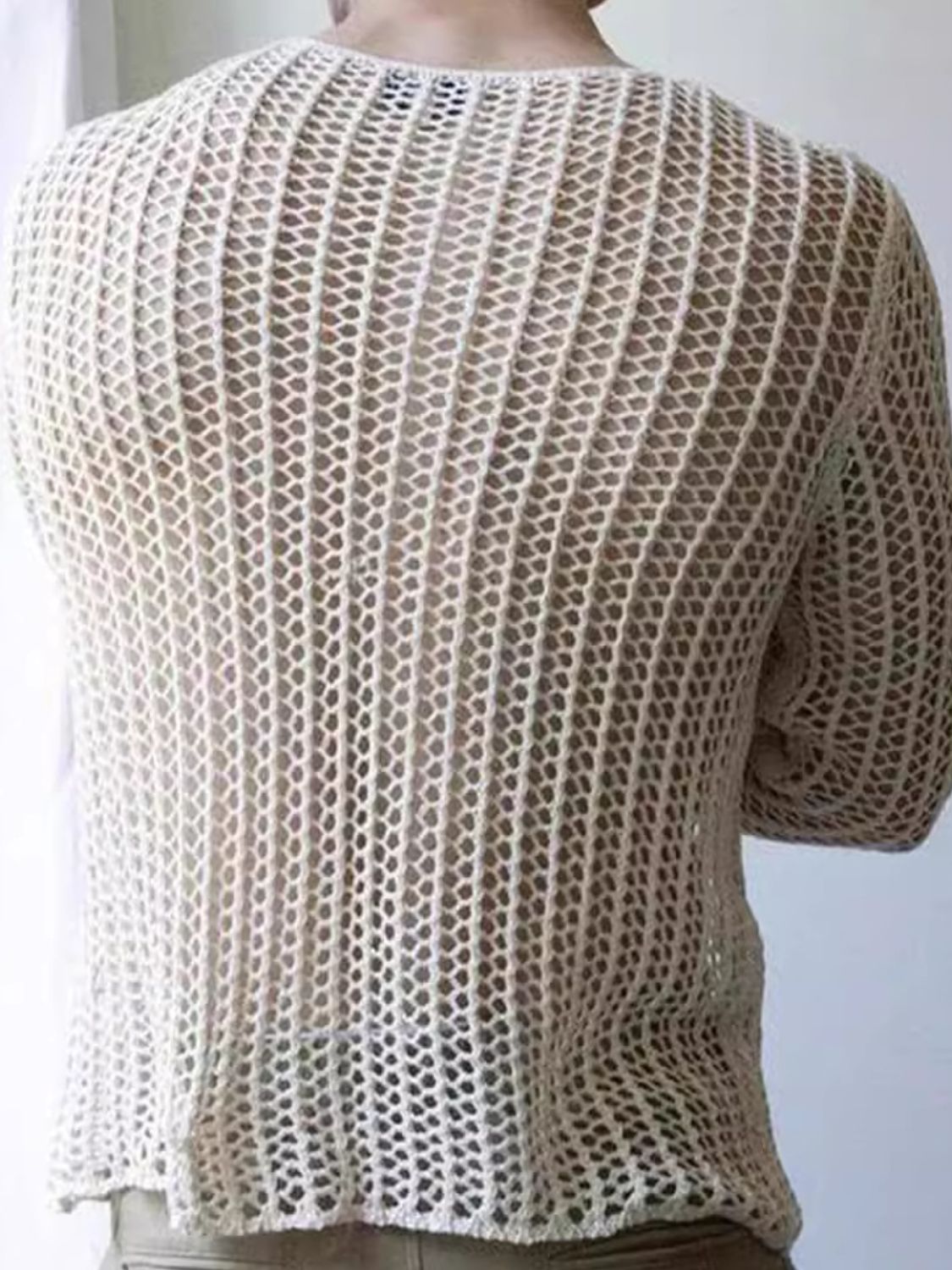 Men's Full Size Hollow Out Round Neck Long Sleeve Top Plus Size - Clothes For Her Online Store