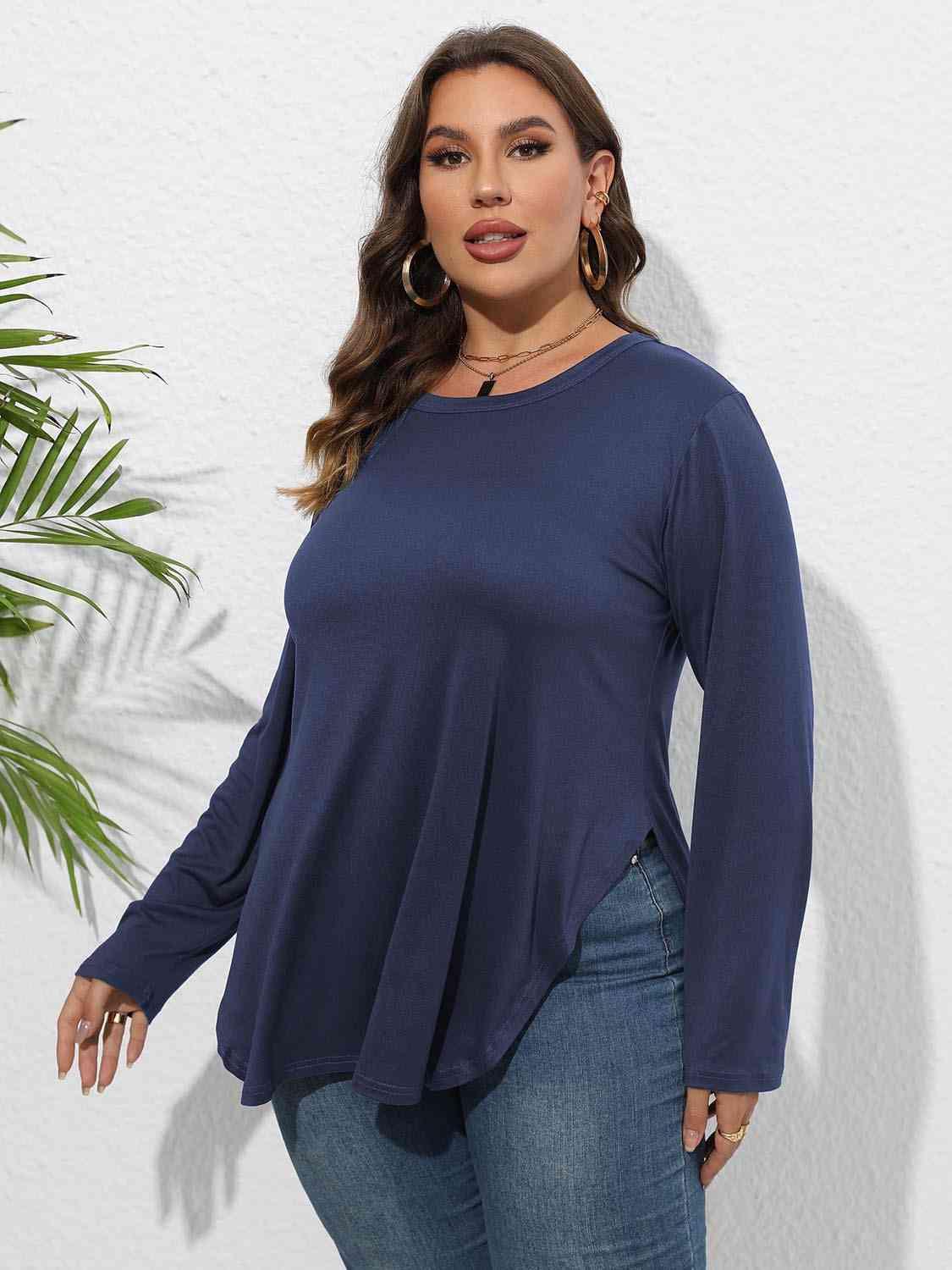 Plus Size Round Neck Long Sleeve Slit T-Shirt - Clothes For Her Online Store