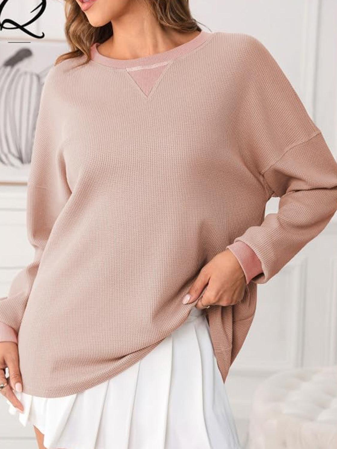 Waffle Knit Round Neck Long Sleeve T-Shirt - Clothes For Her Online Store