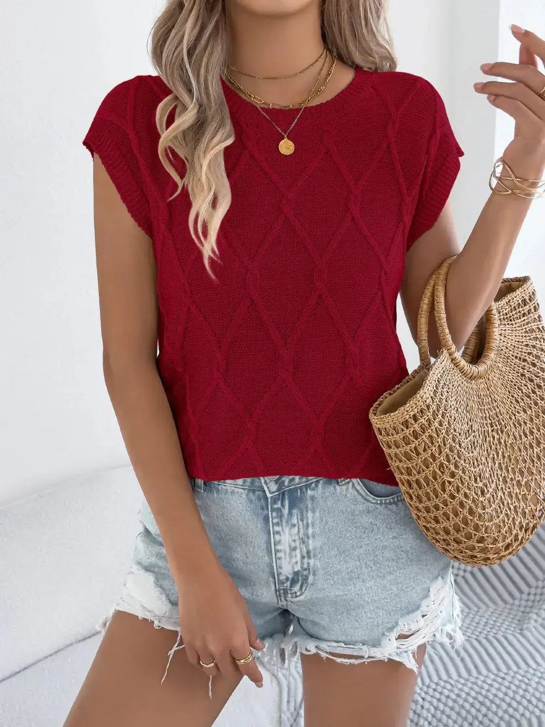 Round Neck Cap Sleeve Knit Top - Clothes For Her Online Store