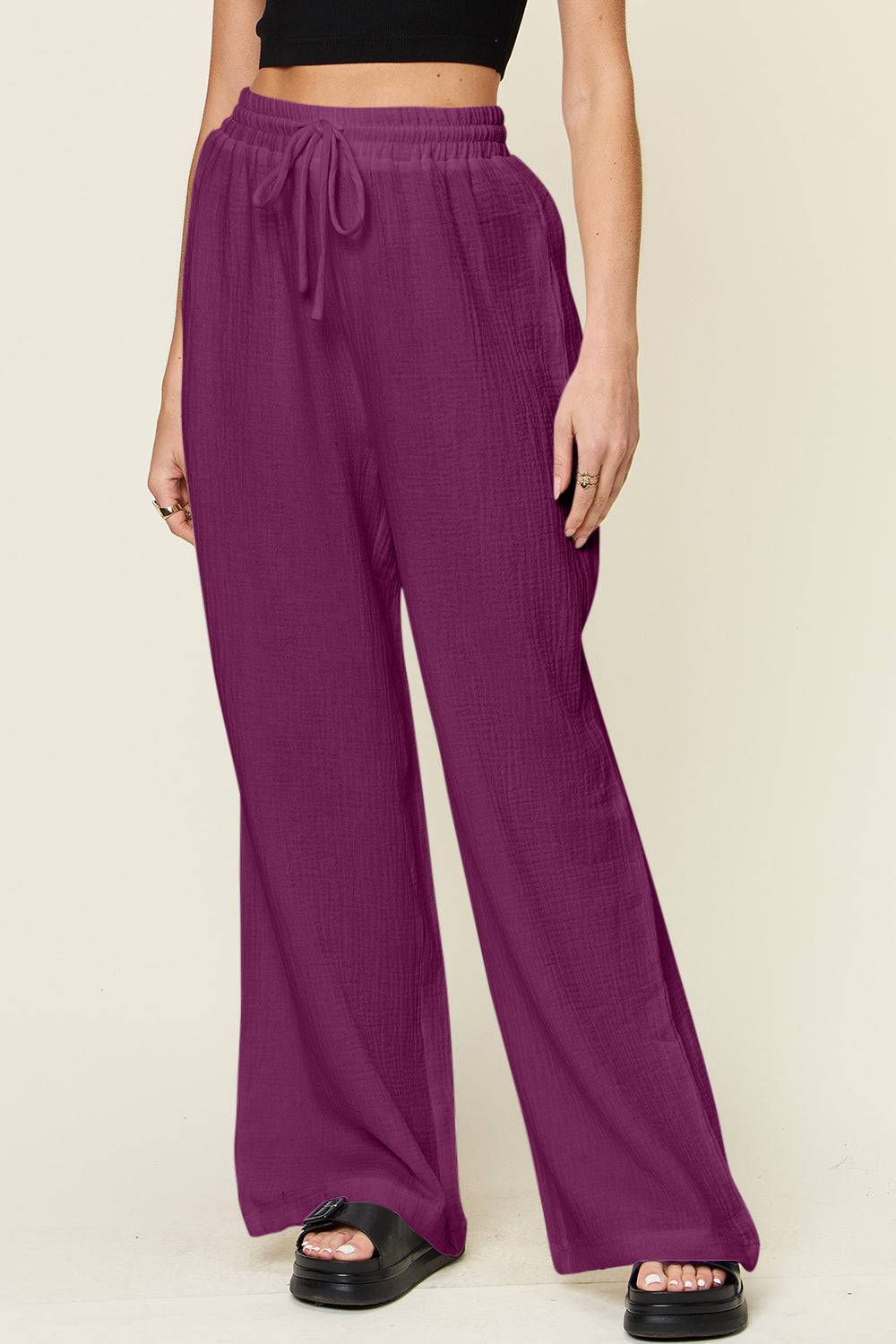 Double Take Full Size Texture Drawstring Wide Leg Pants - Clothes For Her Online Store