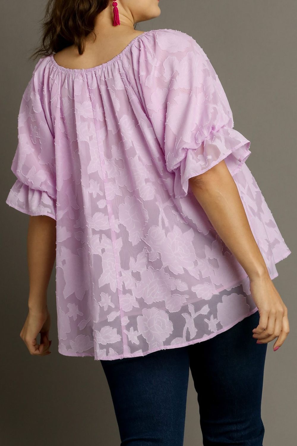 Umgee Full Size Jacquard Round Neck Ruffled Puff Sleeve Blouse Plus Size - Clothes For Her Online Store