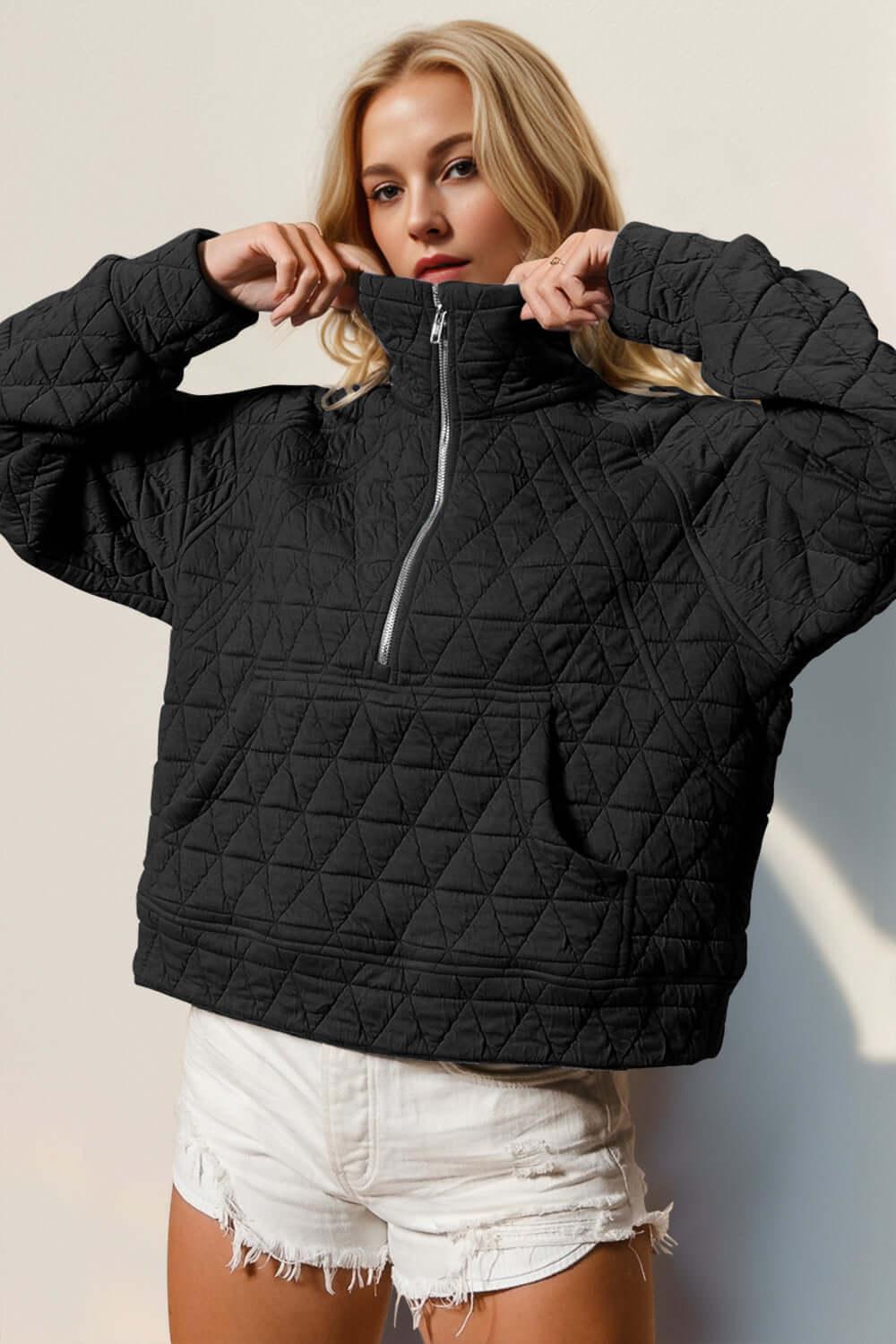 Double Take Half Zip Long Sleeve Quilted Sweatshirt with Pocket - Clothes For Her Online Store