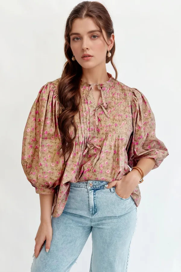 Floral Print Bow Pintuck Bust Half Puff Sleeve Blouse Top