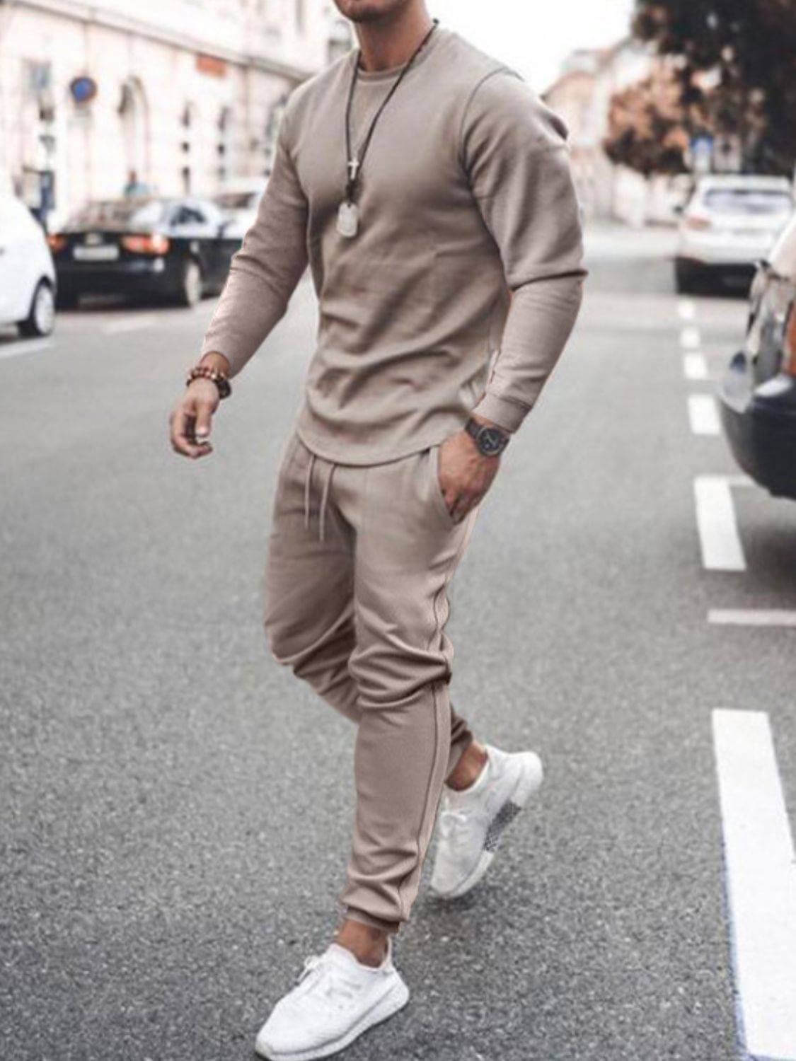 Men's Full Size Round Neck Long Sleeve Top and Pants Set Plus Size