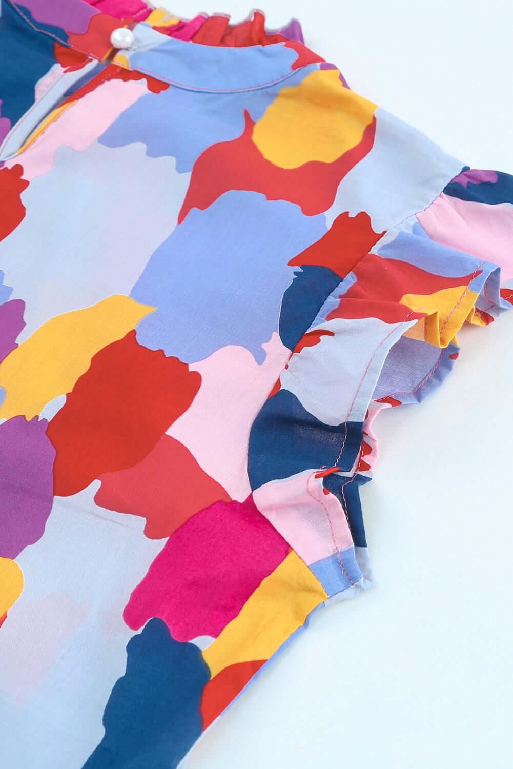 Frill Printed Mock Neck Cap Sleeve Blouse - Clothes For Her Online Store