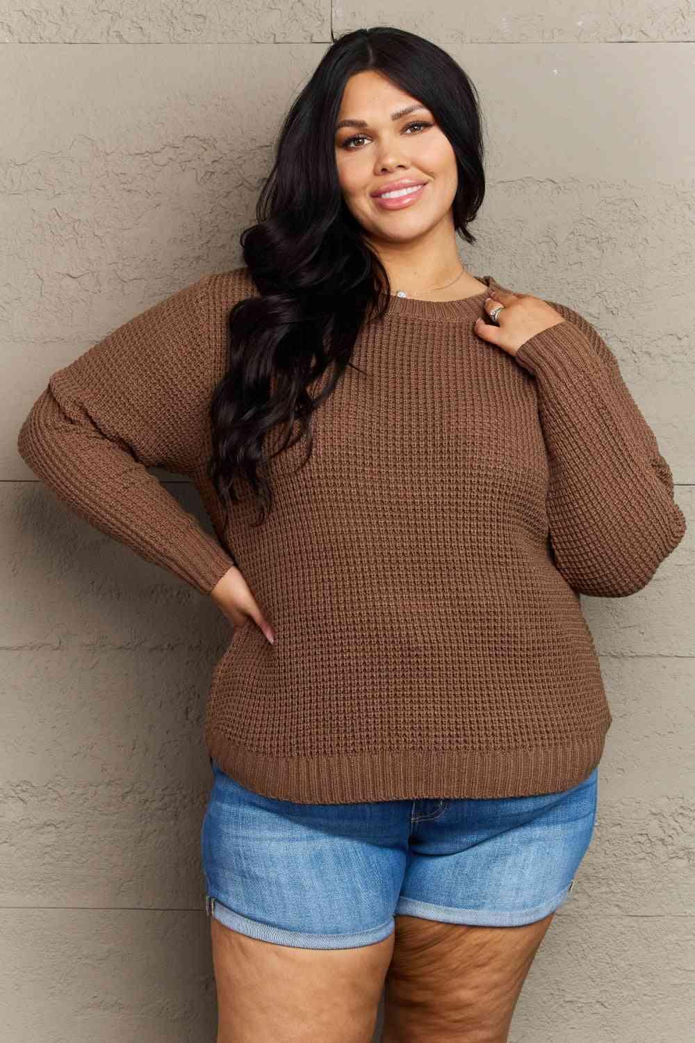 Zenana Breezy Days Plus Size High Low Waffle Knit Sweater - Clothes For Her Online Store