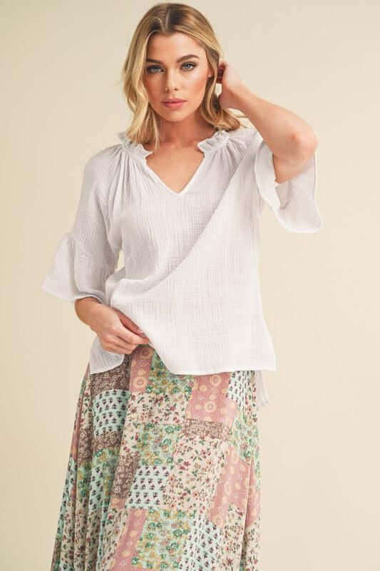 Aemi + Co Side Slit Notched Ruffled Half Sleeve Blouse - Clothes For Her Online Store