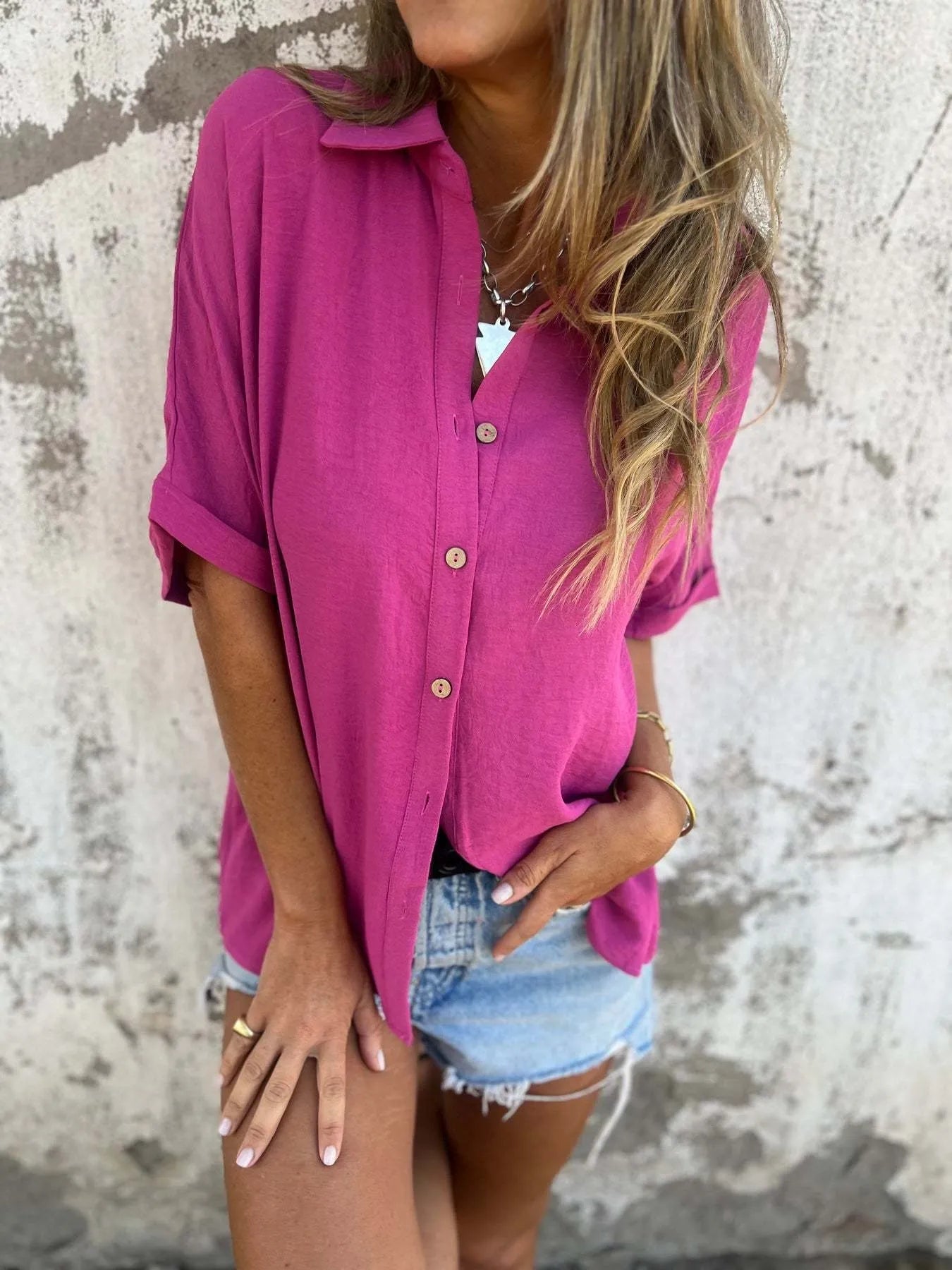 Full Size Casual Button Down Short Sleeve Loose Shirt Plus Size