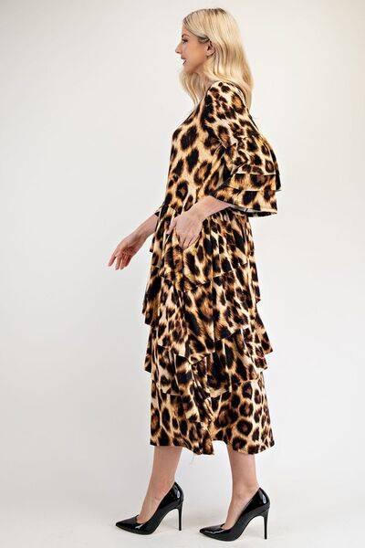Celeste Full Size Leopard Asymmetrical Ruffle Midi Dress Plus Size - Clothes For Her Online Store