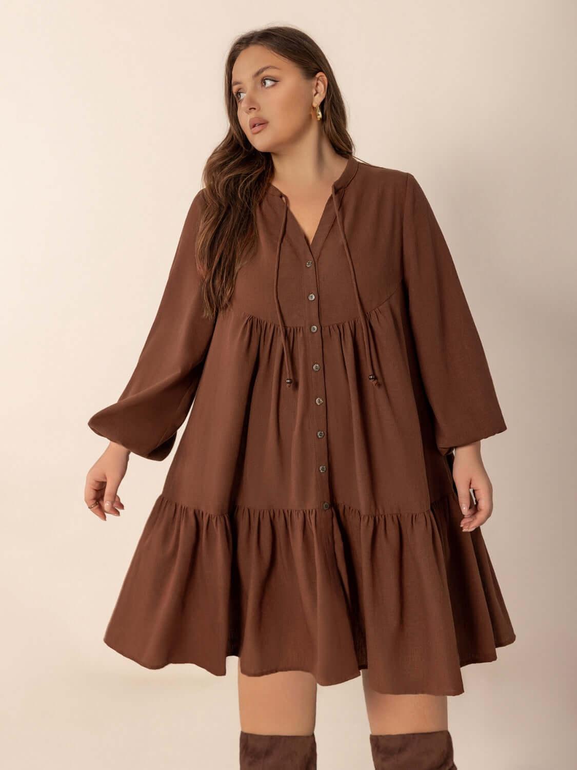 Plus Size Tie Neck Balloon Sleeve Tiered Dress - Clothes For Her Online Store