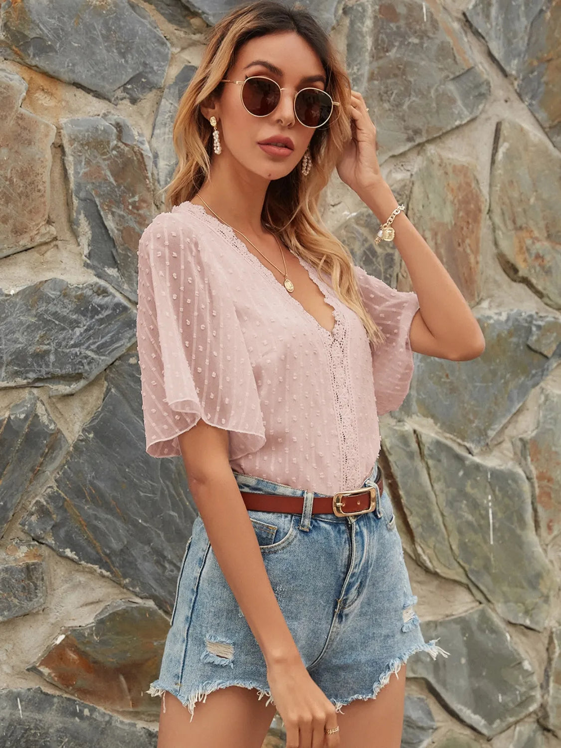 Lace Detail V-Neck Siwss Dot Blouse