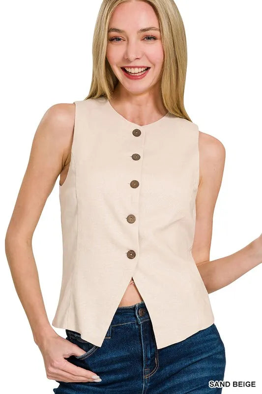 Zenana Linen Button Down Vest