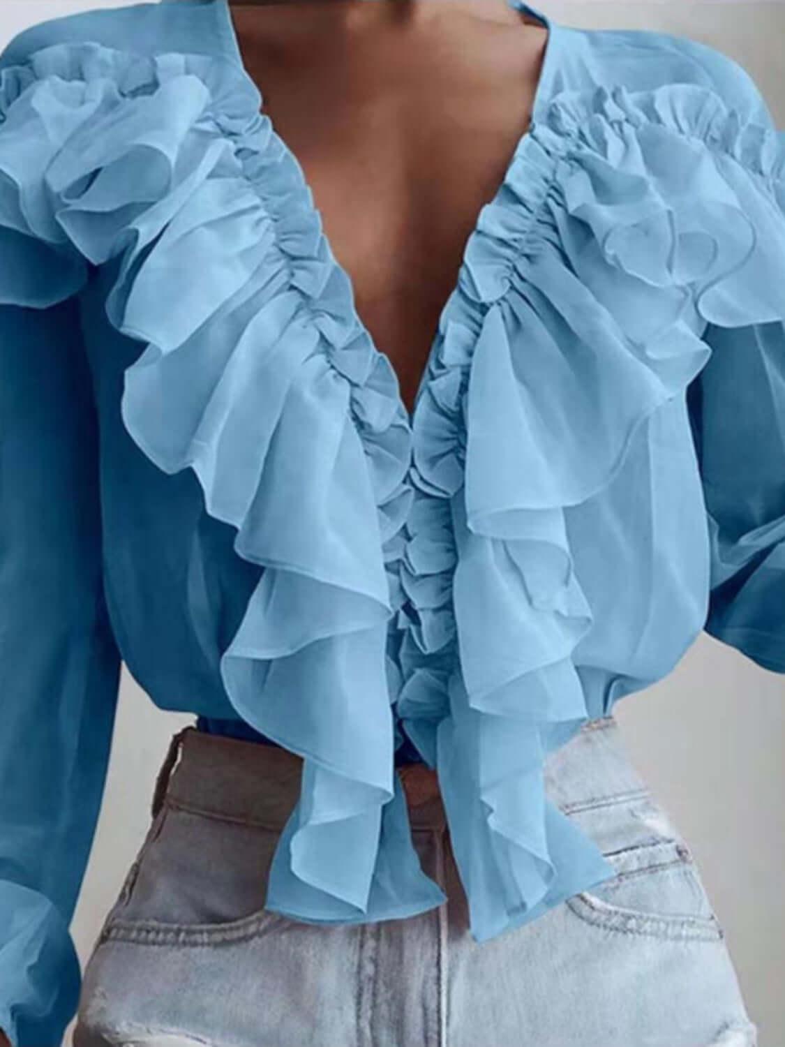 Ruffled V-Neck Long Sleeve Blouse - Clothes For Her Online Store