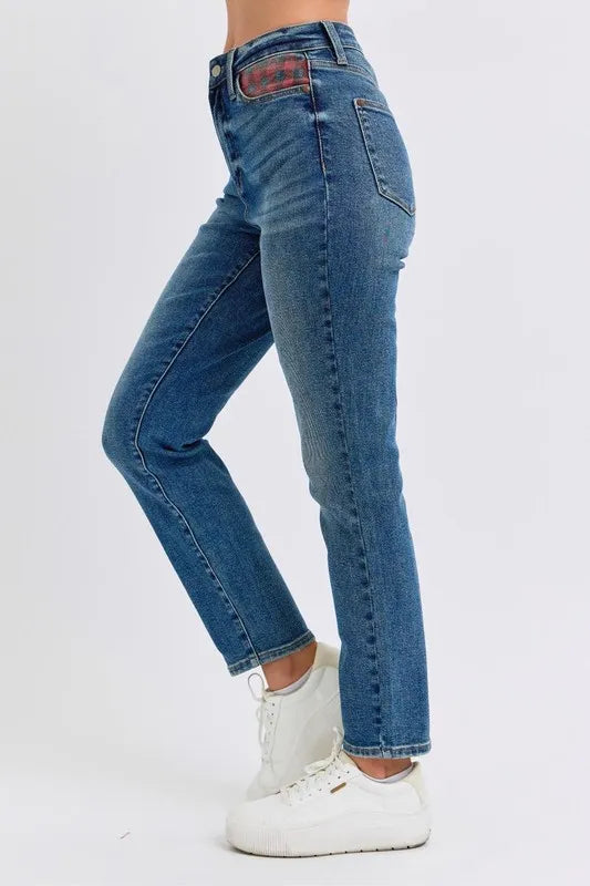 Judy Blue Full Size HW Plaid Patch Slim Fit Jeans Plus Size