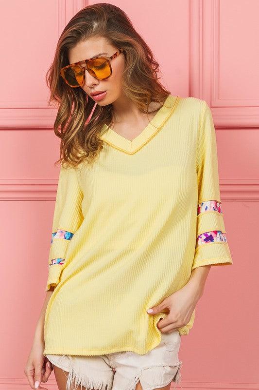 BiBi Cord Rib with Stitched Floral Contrast Top - Clothes For Her Online Store
