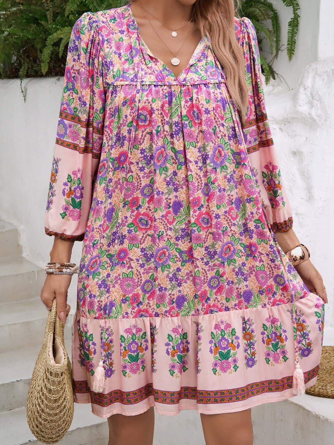 Devine Tassel Floral Tie Neck Mini Dress - Clothes For Her Online Store
