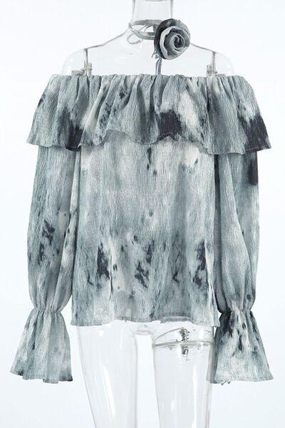 Printed Ruffled Off-Shoulder Blouse with Flower Neck Tie - Clothes For Her Online Store