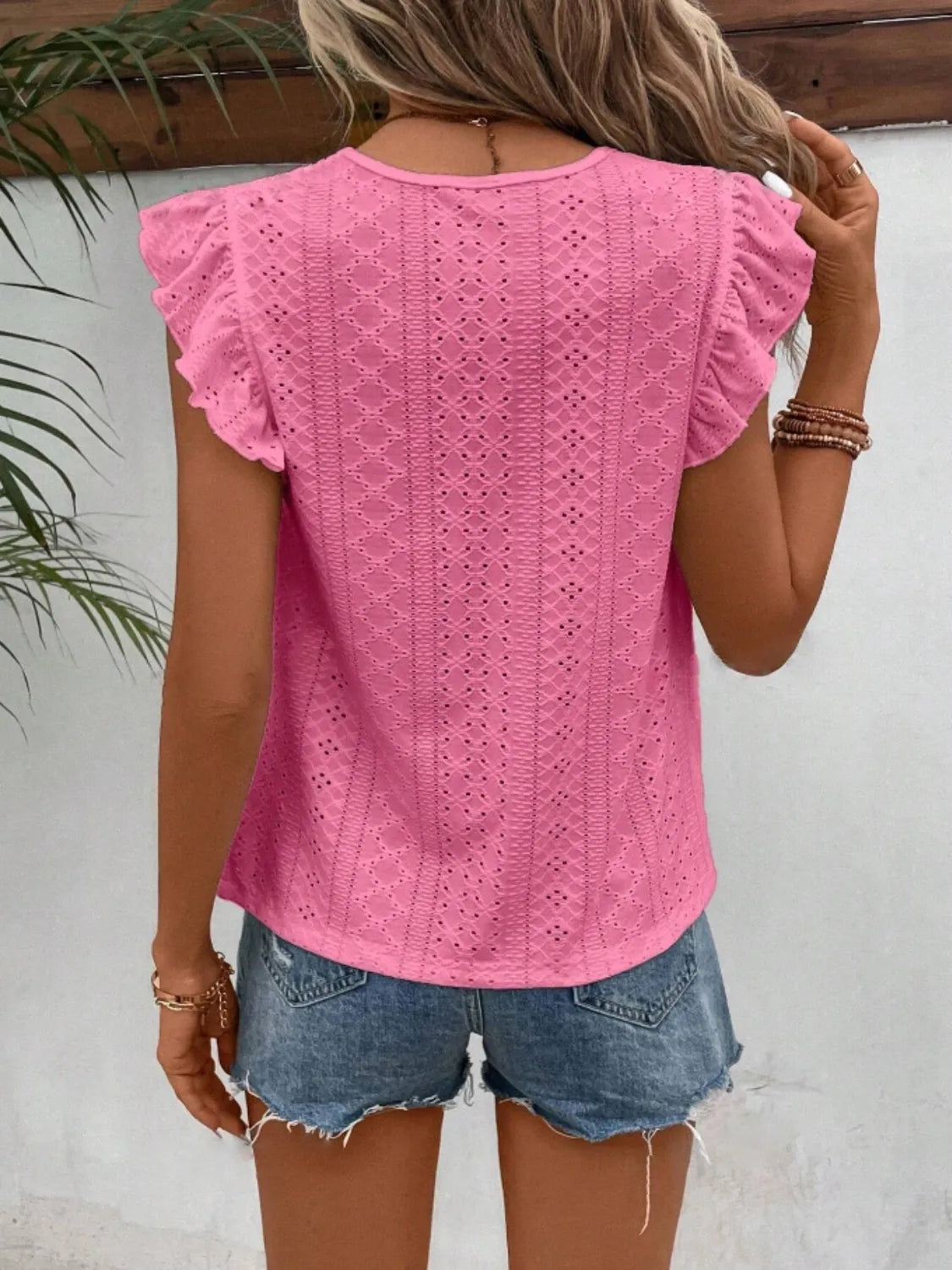 Eyelet Round Neck Cap Sleeve Top