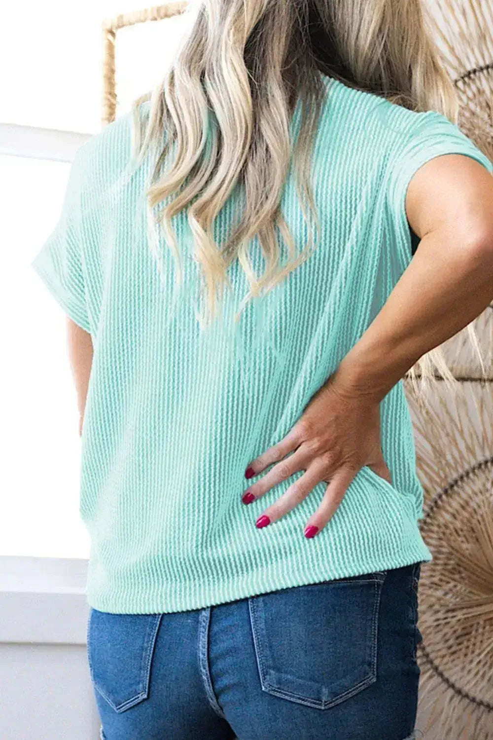 Corded Knit Color Block Pocketed Crew Neck T Shirt - Clothes For Her Online Store