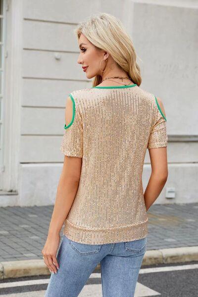 Sequin Crisscross V-Neck Cold Shoulder Blouse - Clothes For Her Online Store
