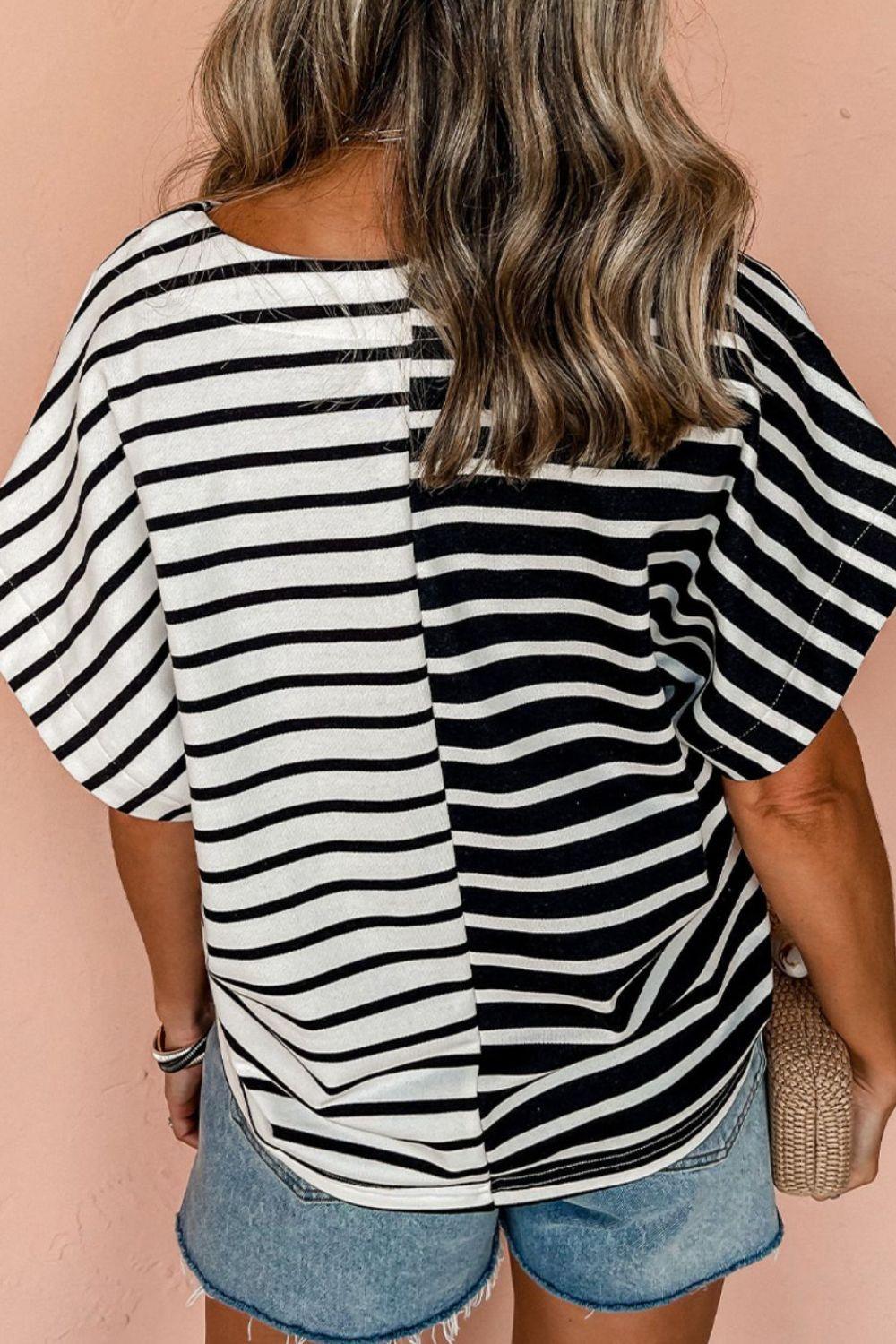 Stripe Two Tone Colorblock V-Neck T-Shirt - Clothes For Her Online Store