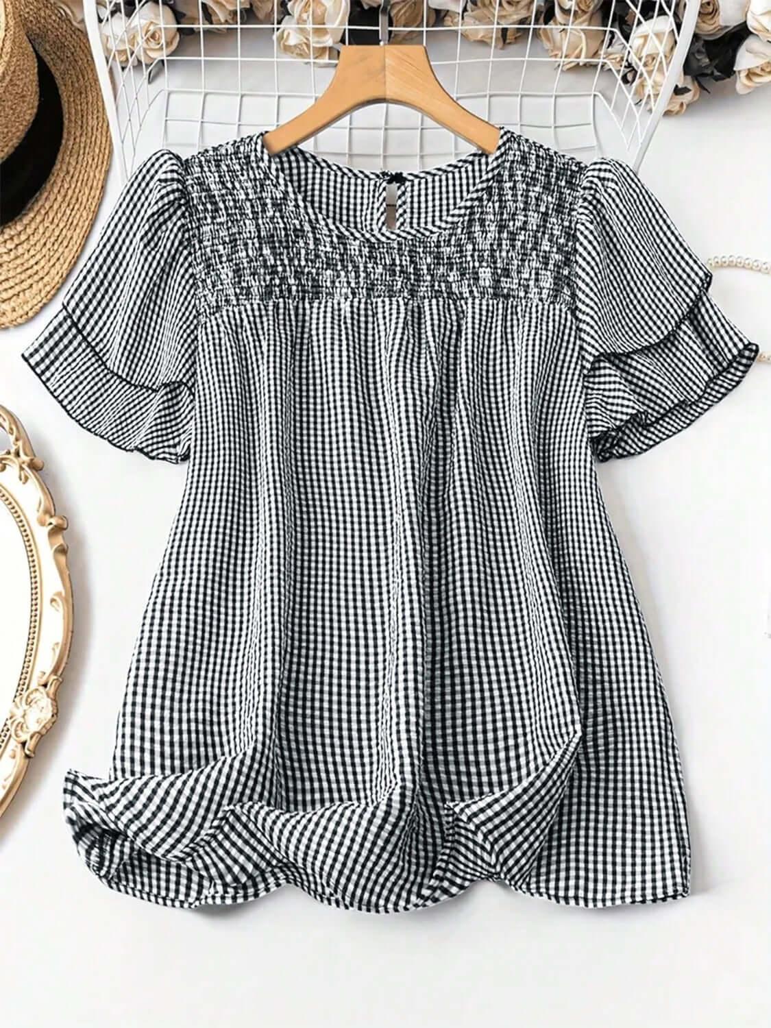 Smocked Plaid Round Neck Layered Short Sleeve Blouse - Clothes For Her Online Store