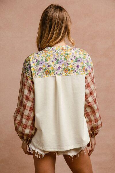 BiBi Floral Notched Plaid Balloon Sleeve Top - Clothes For Her Online Store
