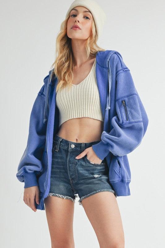Aemi + Co Exposed Seam Zip Up Drawstring Hooded Jacket - Clothes For Her Online Store