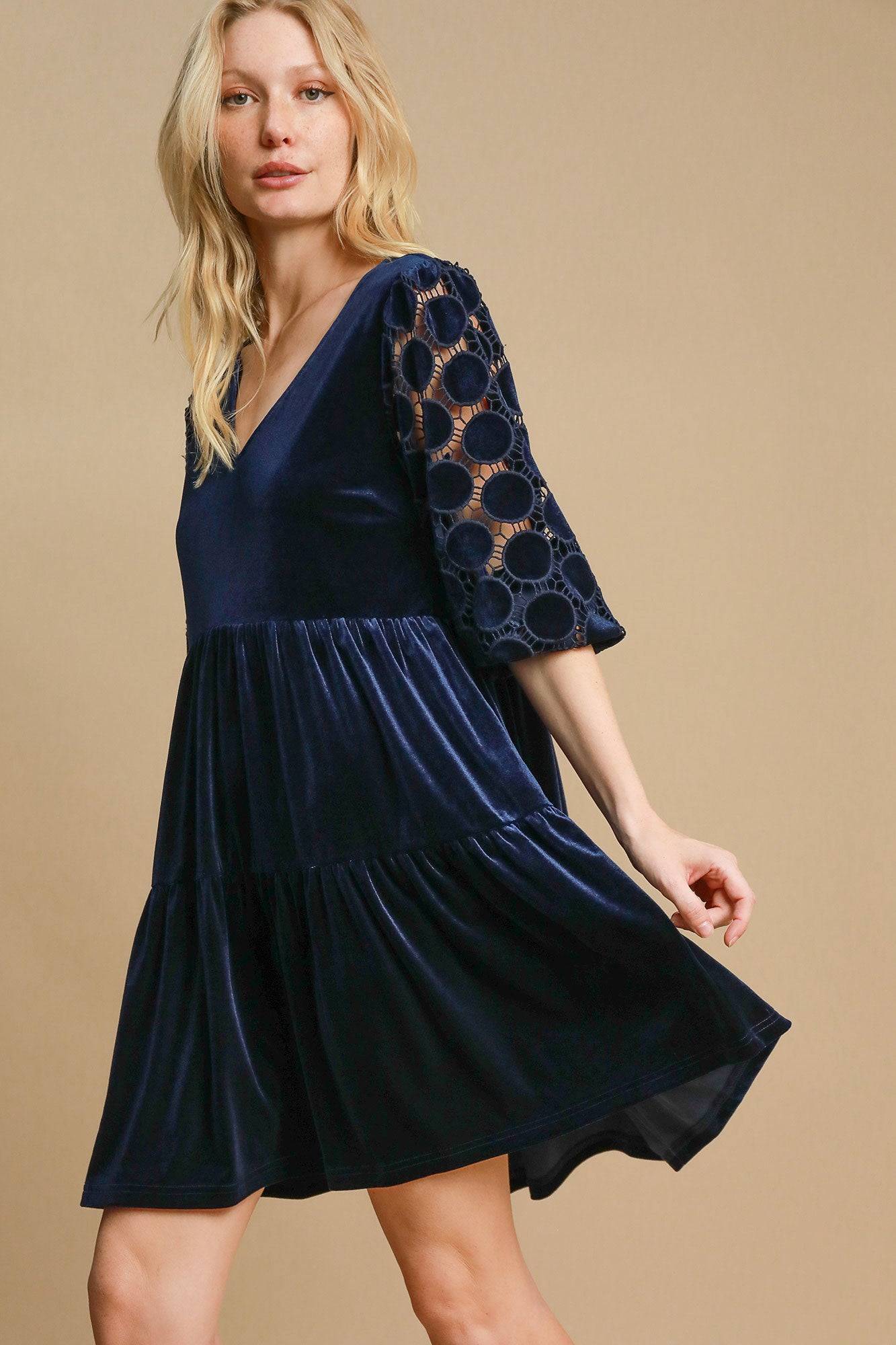 Umgee Dotted Lace Sleeve Tiered Velvet Mini Dress - Clothes For Her Online Store