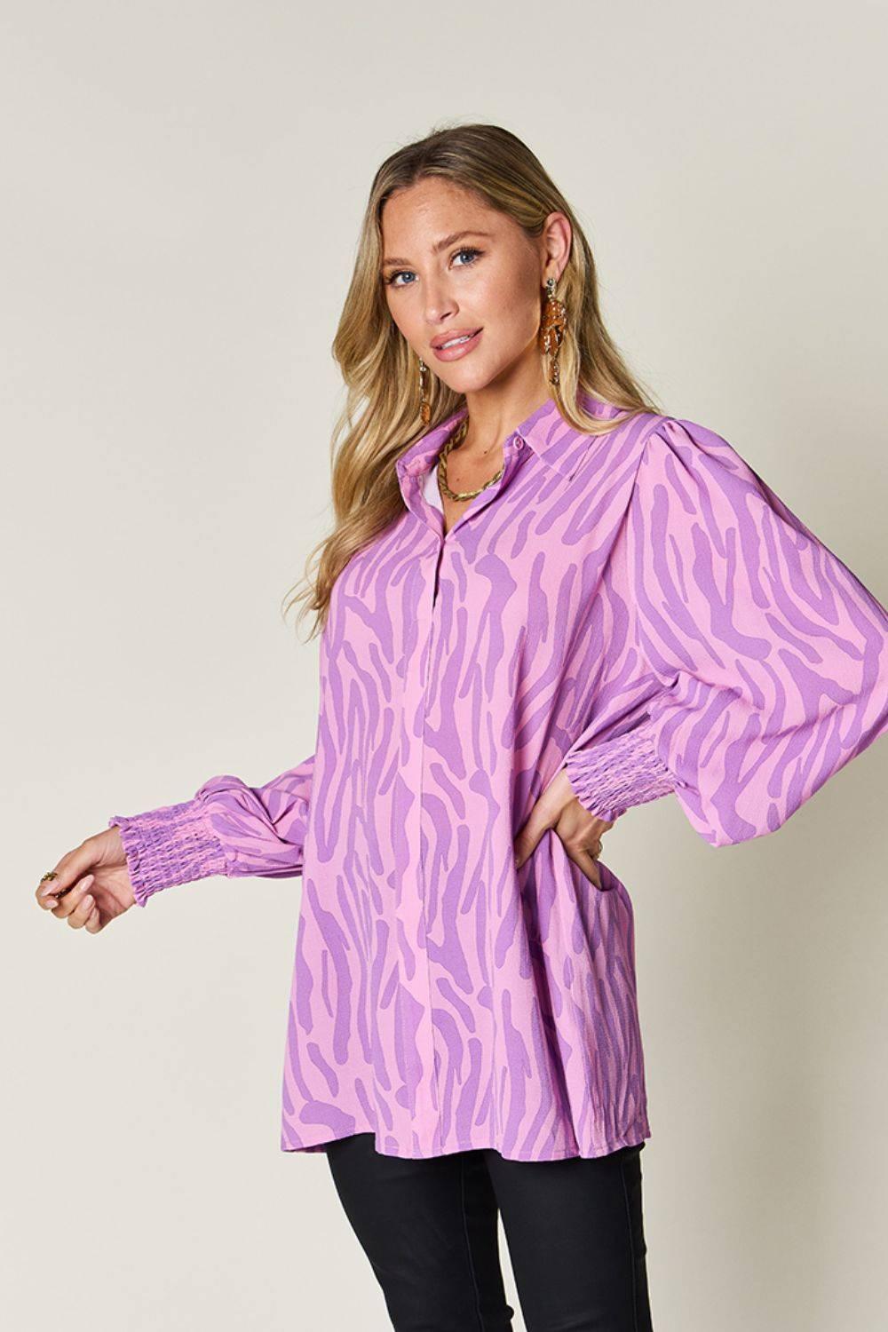 Double Take Full Size Printed Smocked Long Sleeve Blouse - Clothes For Her Online Store