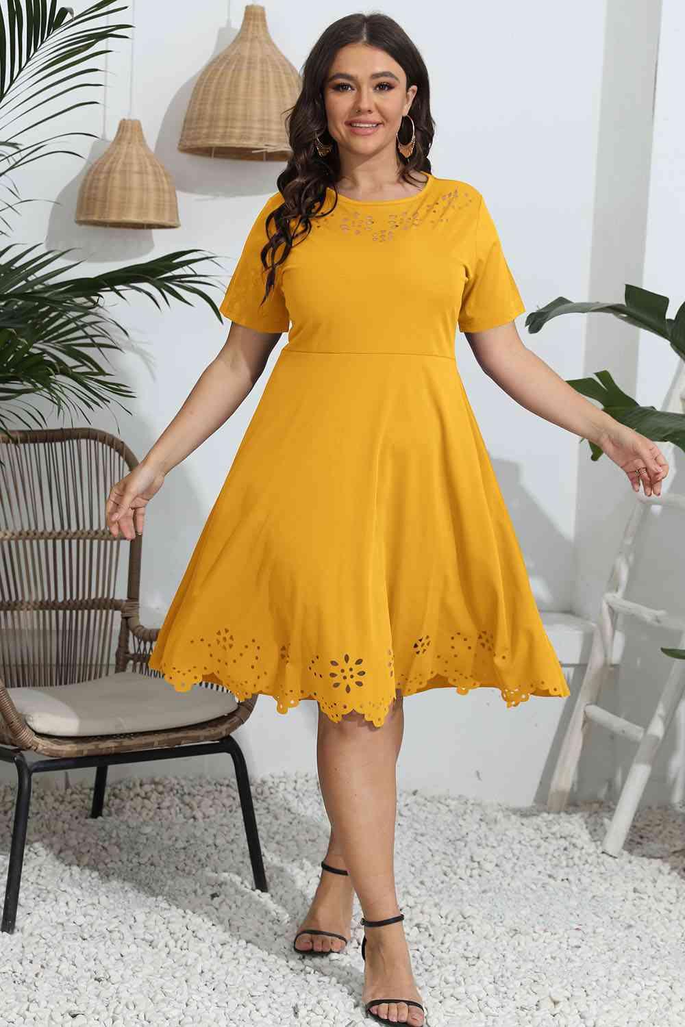 Plus Size Round Neck Openwork Dress - Clothes For Her Online Store