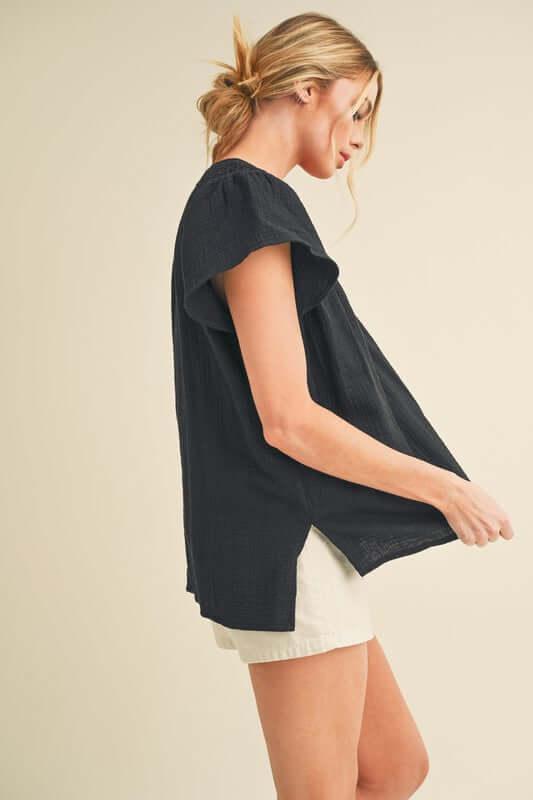 Aemi + Co Embroidered Trim Side Slit Notched Short Sleeve Blouse - Clothes For Her Online Store