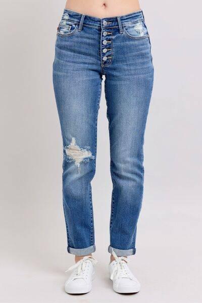 Judy Blue Full Size Button Fly Distressed Jeans with Pockets Plus Size - Clothes For Her Online Store